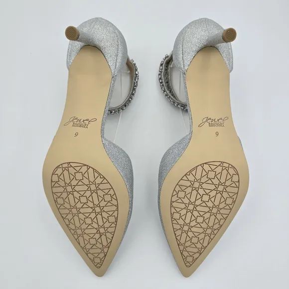 NWOT Jewel Badgley Mischka Maya Crystal Strap 2-Piece Pointy-Toe Pumps, Silver 9