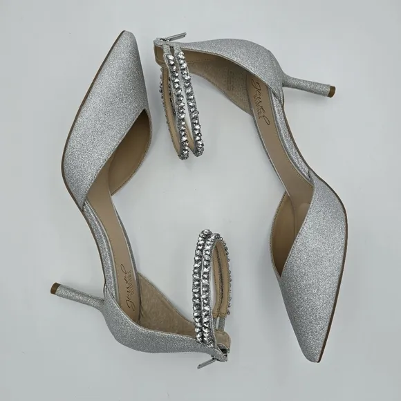 NWOT Jewel Badgley Mischka Maya Crystal Strap 2-Piece Pointy-Toe Pumps, Silver 9