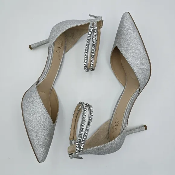 NWOT Jewel Badgley Mischka Maya Crystal Strap 2-Piece Pointy-Toe Pumps, Silver 9