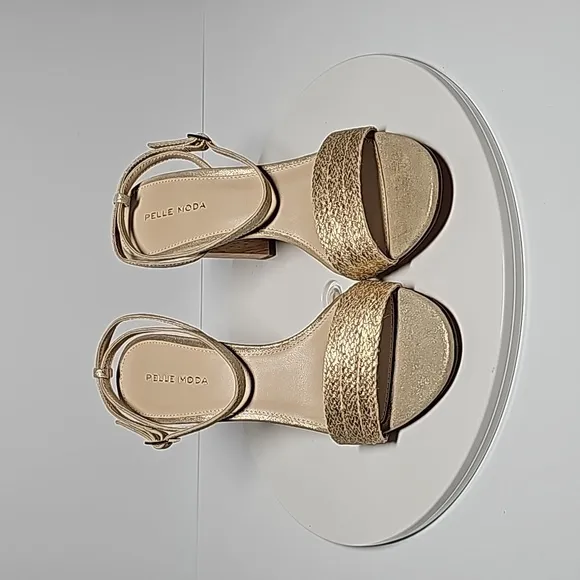 NWOT Pelle Moda Zina Heeled Sandal Shoes Jute Wood Suede Strap Adjustable Gold 9