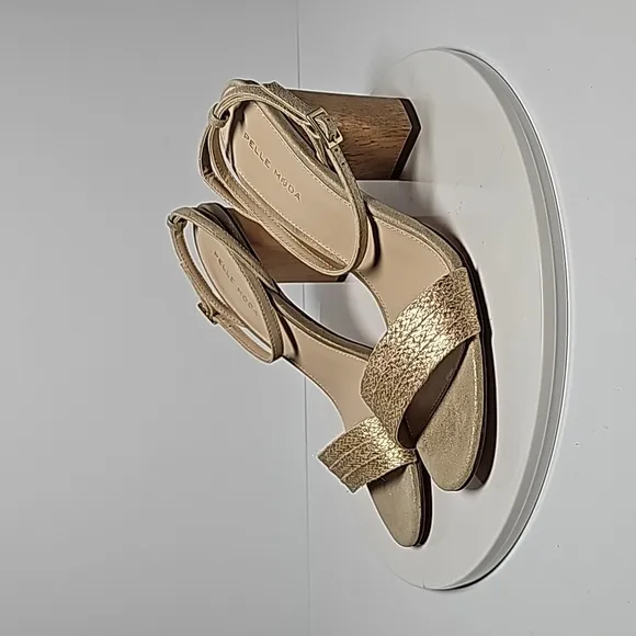 NWOT Pelle Moda Zina Heeled Sandal Shoes Jute Wood Suede Strap Adjustable Gold 9