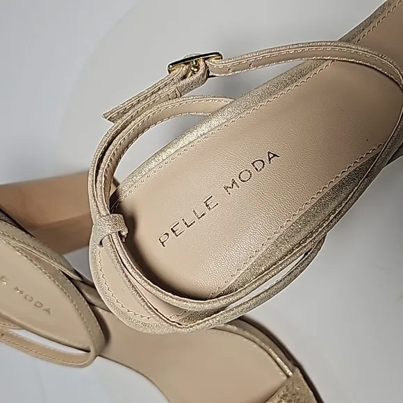 NWOT Pelle Moda Zina Heeled Sandal Shoes Jute Wood Suede Strap Adjustable Gold 9