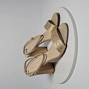 NWOT Pelle Moda Zina Heeled Sandal Shoes Jute Wood Suede Strap Adjustable Gold 9
