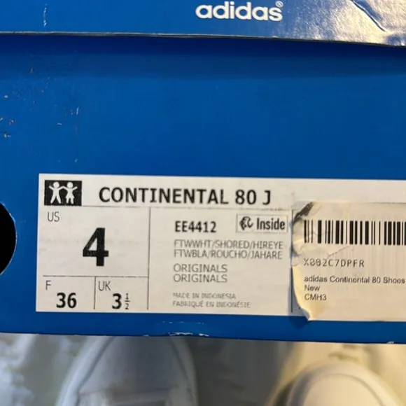 NWT Adidas Continental 80 Shoes Size 4 White Sneakers Casual EE4412