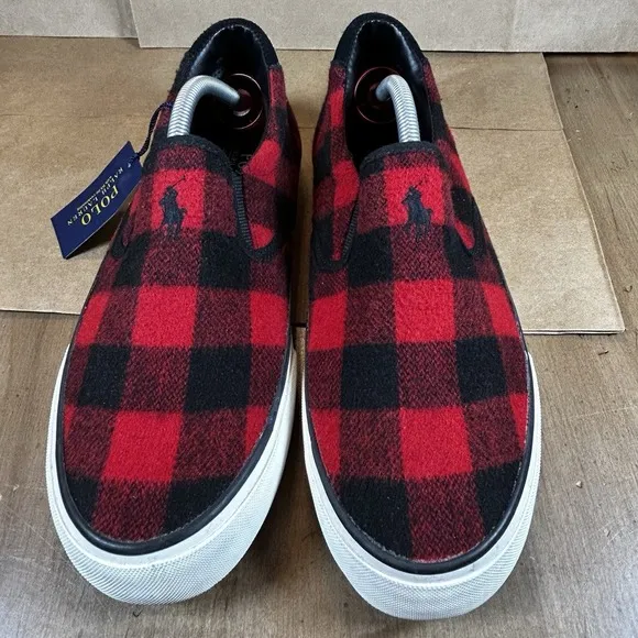 NWT POLO Ralph Lauren THOMPSON Buffalo Check Slip On Sneakers 8.5 Red Black