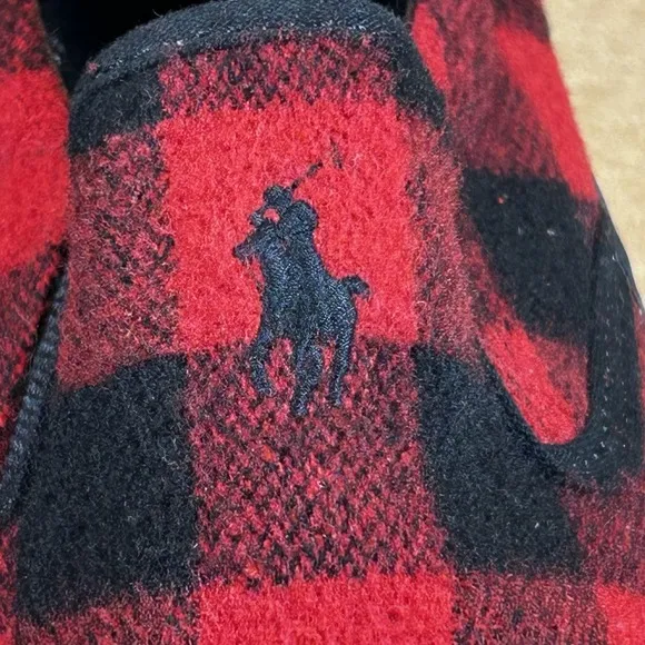 NWT POLO Ralph Lauren THOMPSON Buffalo Check Slip On Sneakers 8.5 Red Black