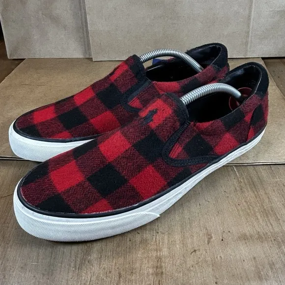 NWT POLO Ralph Lauren THOMPSON Buffalo Check Slip On Sneakers 8.5 Red Black