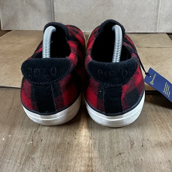 NWT POLO Ralph Lauren THOMPSON Buffalo Check Slip On Sneakers 8.5 Red Black