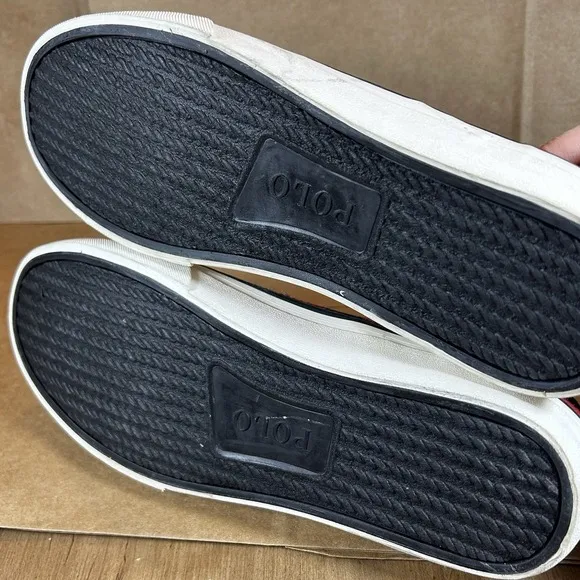 NWT POLO Ralph Lauren THOMPSON Buffalo Check Slip On Sneakers 8.5 Red Black