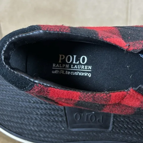 NWT POLO Ralph Lauren THOMPSON Buffalo Check Slip On Sneakers 8.5 Red Black