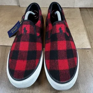 NWT POLO Ralph Lauren THOMPSON Buffalo Check Slip On Sneakers 8.5 Red Black