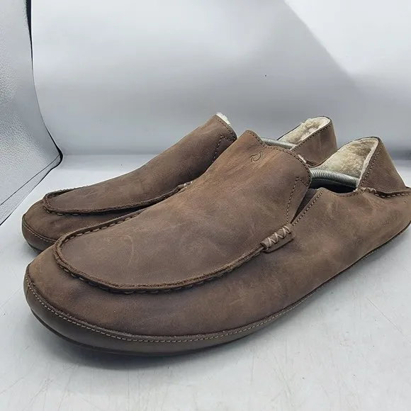 Olukai Moloa Slipper Size 15 Shearling Loafers Tan Leather Convertible Shoe