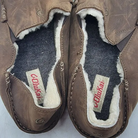 Olukai Moloa Slipper Size 15 Shearling Loafers Tan Leather Convertible Shoe