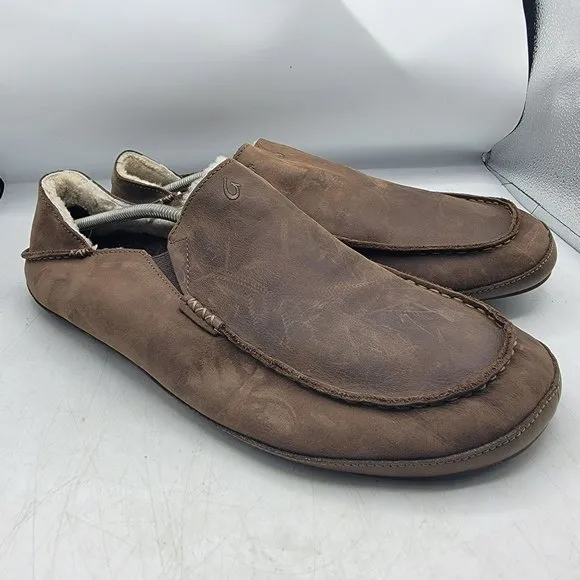 Olukai Moloa Slipper Size 15 Shearling Loafers Tan Leather Convertible Shoe