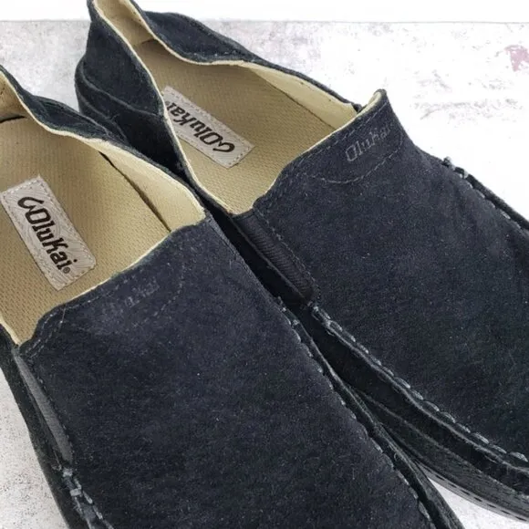 OluKai Puhalu Black Suede Leather Slip On Casual Shoes Men's size 9M EU 42