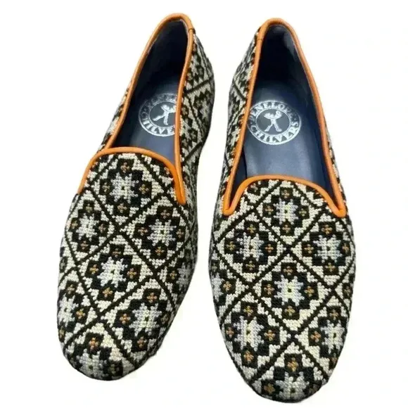 Penelope Chilvers Dandy Leather Trim Needlepoint Slipper Loafers Size 36