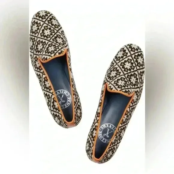 Penelope Chilvers Dandy Leather Trim Needlepoint Slipper Loafers Size 36