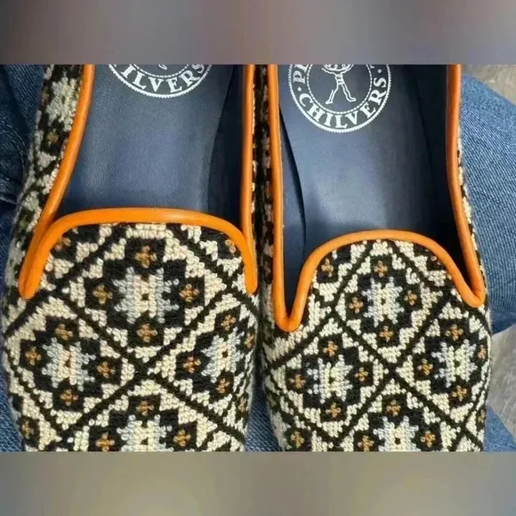 Penelope Chilvers Dandy Leather Trim Needlepoint Slipper Loafers Size 36