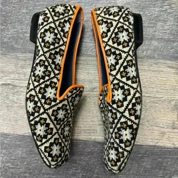 Penelope Chilvers Dandy Leather Trim Needlepoint Slipper Loafers Size 36
