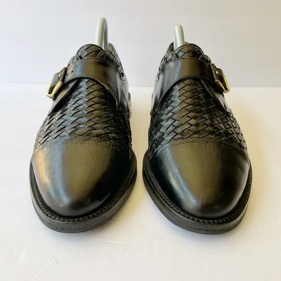 Peter Huber Black Leather Woven Leather Oxford Buckle 8 Monk Strap