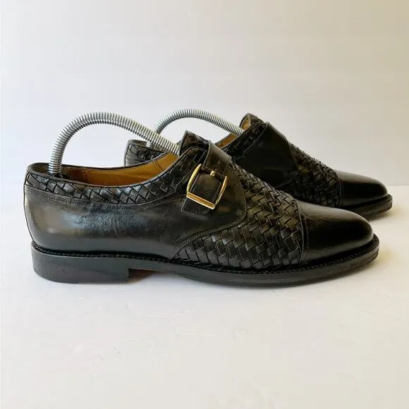 Peter Huber Black Leather Woven Leather Oxford Buckle 8 Monk Strap