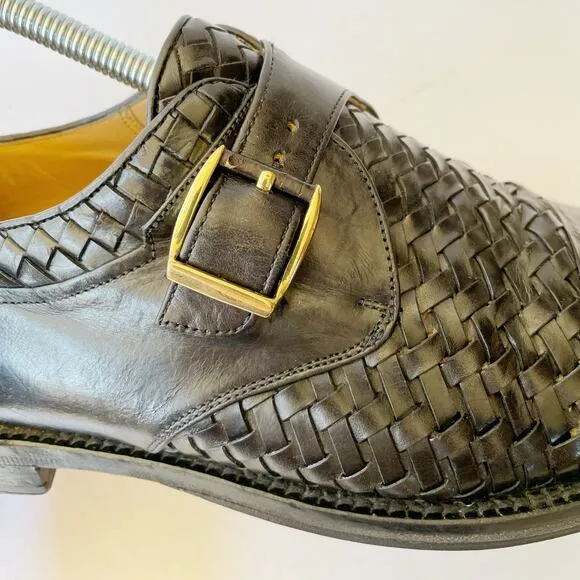 Peter Huber Black Leather Woven Leather Oxford Buckle 8 Monk Strap