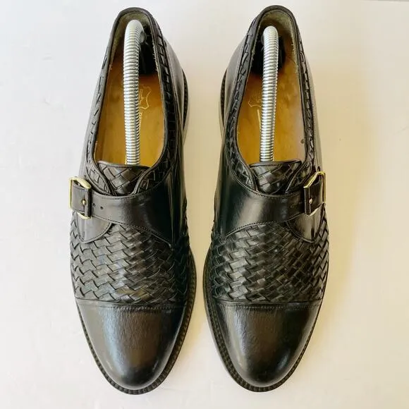 Peter Huber Black Leather Woven Leather Oxford Buckle 8 Monk Strap