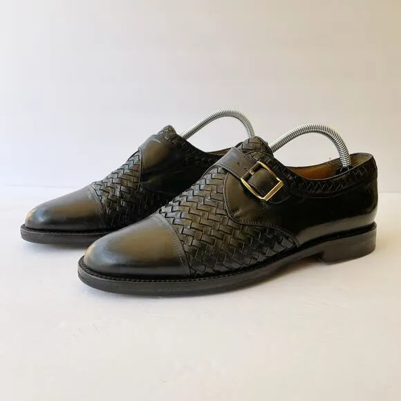 Peter Huber Black Leather Woven Leather Oxford Buckle 8 Monk Strap