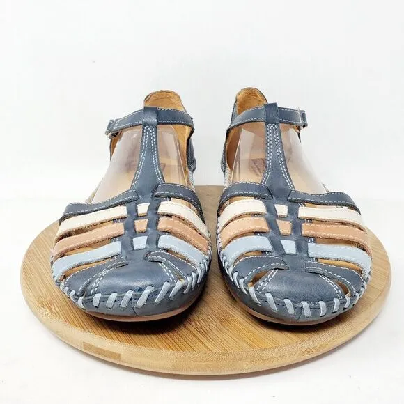 Pikolinos Puerto Vallarta Sandal Womens 39 Blue Leather T Strap Closed Toe Shoes