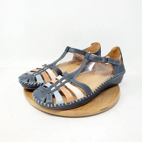 Pikolinos Puerto Vallarta Sandal Womens 39 Blue Leather T Strap Closed Toe Shoes