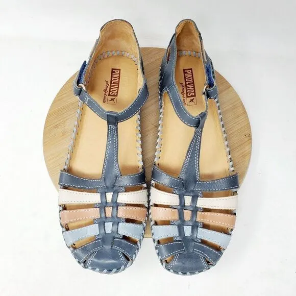 Pikolinos Puerto Vallarta Sandal Womens 39 Blue Leather T Strap Closed Toe Shoes