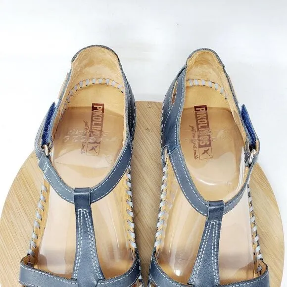 Pikolinos Puerto Vallarta Sandal Womens 39 Blue Leather T Strap Closed Toe Shoes