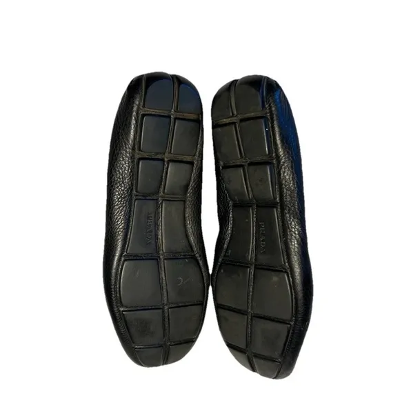 PRADA Black Pebbled Leather Slip-On Loafers with Moccasin Design