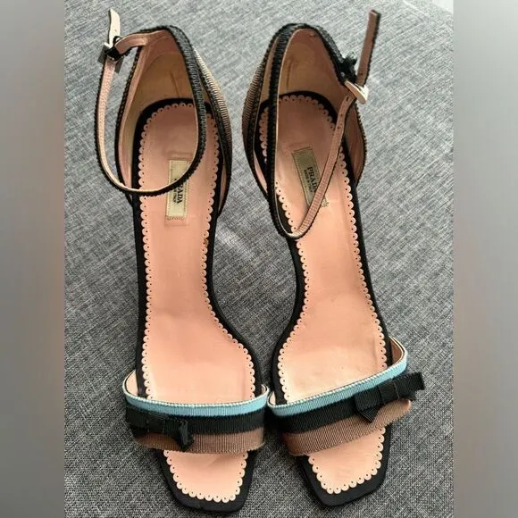 Prada Blue, Black, and Brown Grosgrain Striped Ankle Strap Heels with Bow Sz 40