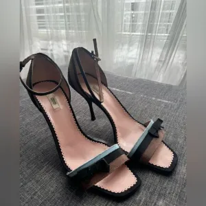 Prada Blue, Black, and Brown Grosgrain Striped Ankle Strap Heels with Bow Sz 40