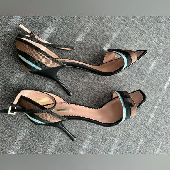 Prada Blue, Black, and Brown Grosgrain Striped Ankle Strap Heels with Bow Sz 40