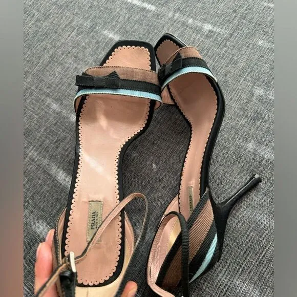 Prada Blue, Black, and Brown Grosgrain Striped Ankle Strap Heels with Bow Sz 40
