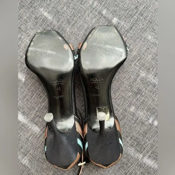 Prada Blue, Black, and Brown Grosgrain Striped Ankle Strap Heels with Bow Sz 40
