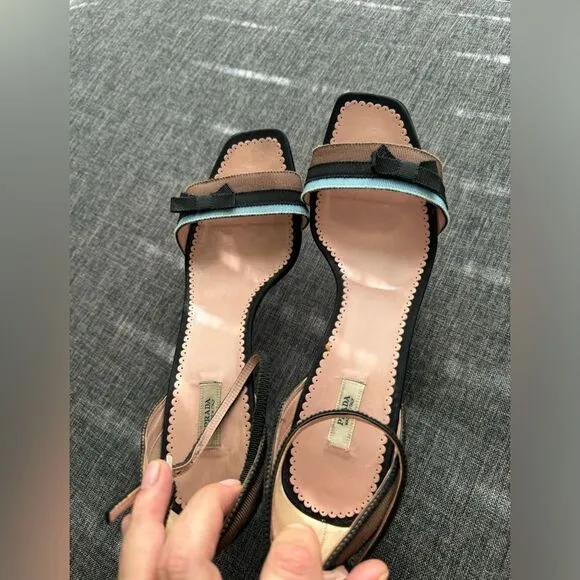 Prada Blue, Black, and Brown Grosgrain Striped Ankle Strap Heels with Bow Sz 40