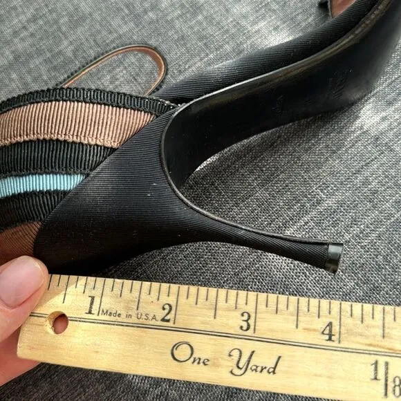 Prada Blue, Black, and Brown Grosgrain Striped Ankle Strap Heels with Bow Sz 40