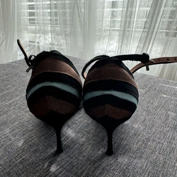 Prada Blue, Black, and Brown Grosgrain Striped Ankle Strap Heels with Bow Sz 40