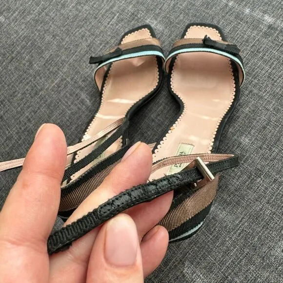 Prada Blue, Black, and Brown Grosgrain Striped Ankle Strap Heels with Bow Sz 40