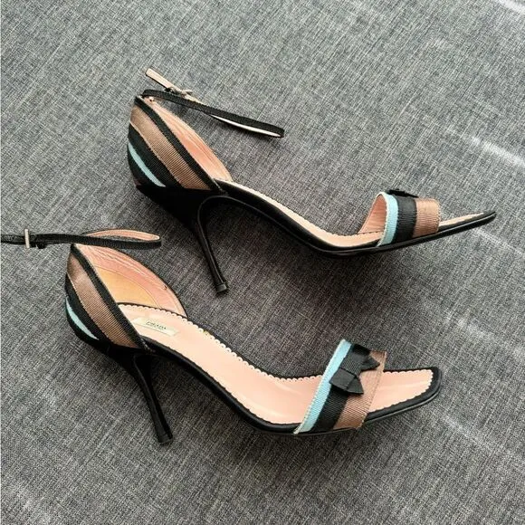 Prada Blue, Black, and Brown Grosgrain Striped Ankle Strap Heels with Bow Sz 40