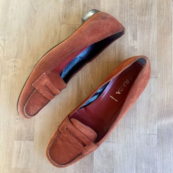 PRADA Orange Rust Suede Penny Loafers Shoes Womens Size 38.5 US 8 Authentic