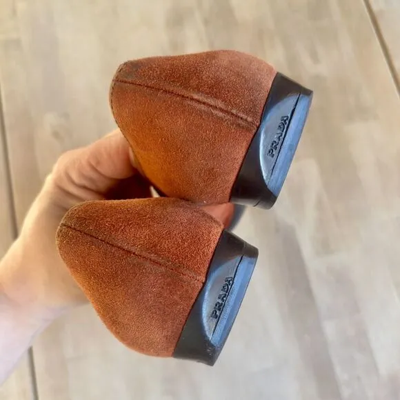 PRADA Orange Rust Suede Penny Loafers Shoes Womens Size 38.5 US 8 Authentic