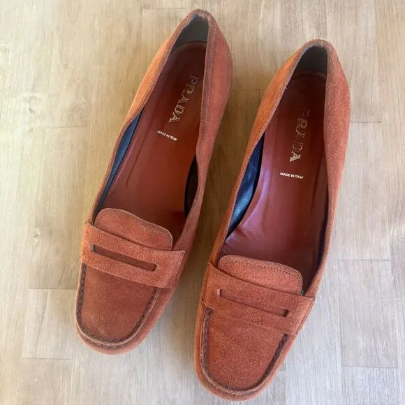 PRADA Orange Rust Suede Penny Loafers Shoes Womens Size 38.5 US 8 Authentic