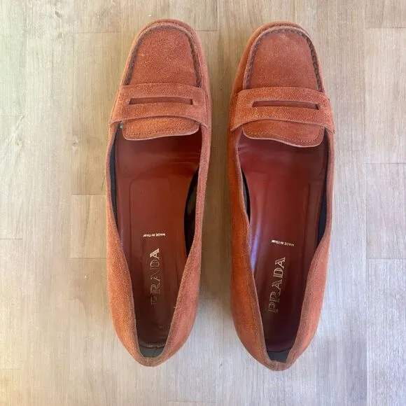 PRADA Orange Rust Suede Penny Loafers Shoes Womens Size 38.5 US 8 Authentic