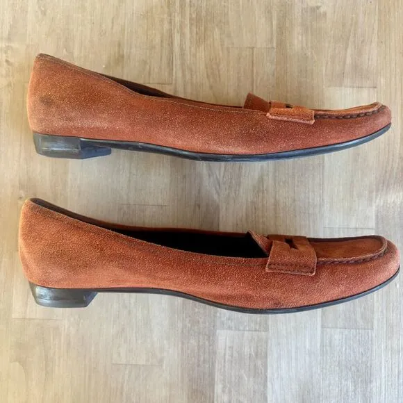 PRADA Orange Rust Suede Penny Loafers Shoes Womens Size 38.5 US 8 Authentic