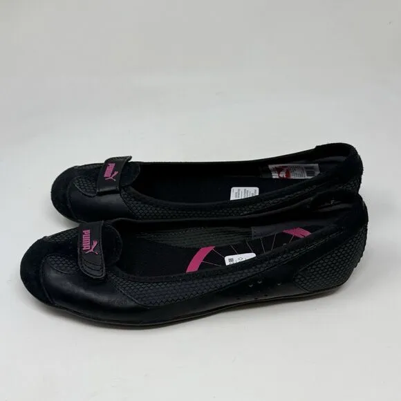 Puma Archive Ballet Flats Womens 6 Black Pink Leather Casual Slip On Shoes Y2K