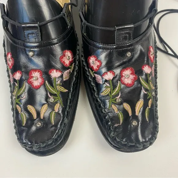 Qige Italian Leather Black Pink Floral Shoes Ankle Wrap Laces Comfort 41 9.5-10